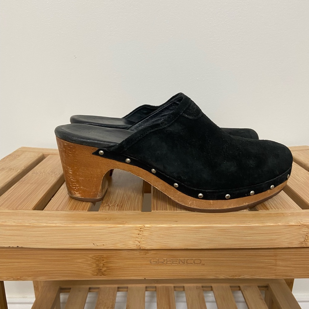 UGG Black Suede Clogs with Wooden Heel - Picture 3 of 9
